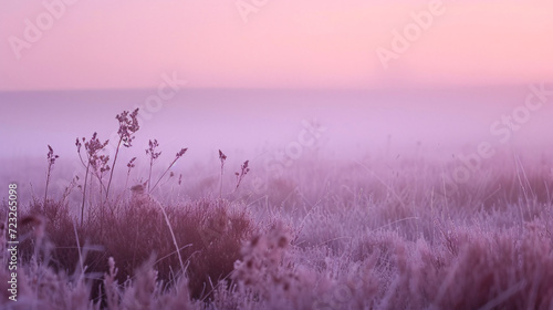 Valokuva A misty moorland at dawn with heather and grasses covered in dew creating an ethereal atmosphere