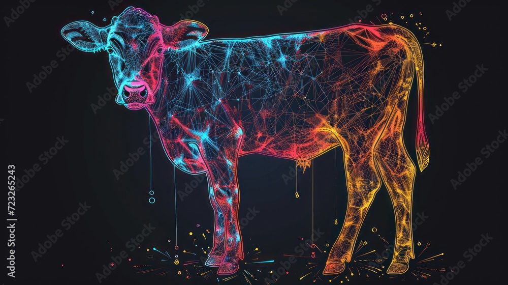 a colorful cow standing in the middle of a black background with lines and dots in the shape of a cow on the left side of the cow, and on the right side of the.