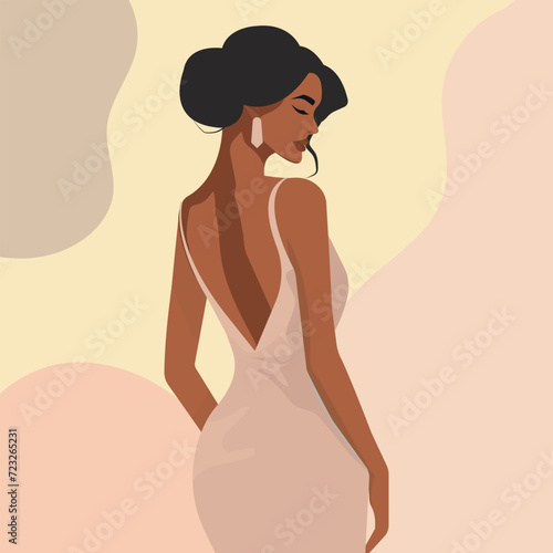 Vector flat fashion illustration of a beautiful sexy afro woman in a dress with bare back and shoulders. Back view. Stylish art in muted natural colors.
