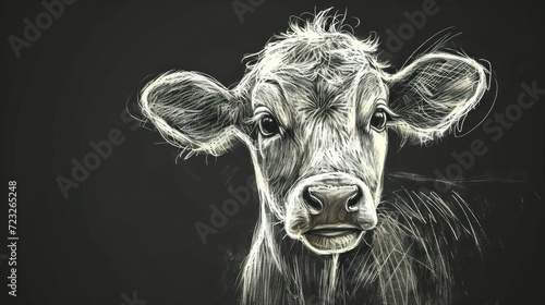  a black and white drawing of a cow looking at the camera with a sad look on it's face, with a black background of a black and white background.