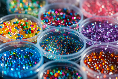 several colorful beads and cds are placed in a plasti photo