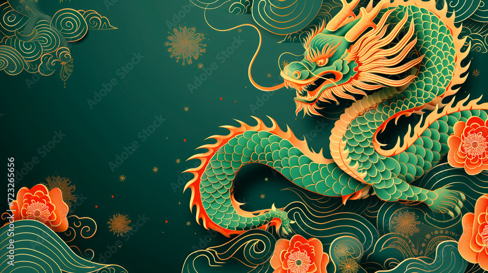 green and gold dragon with red flowers. chinese new year generated by ai green and gold dragon with red flowers. chinese new year generated by ai
