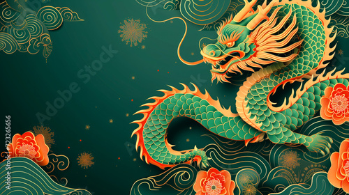 green and gold dragon with red flowers. chinese new year generated by ai
