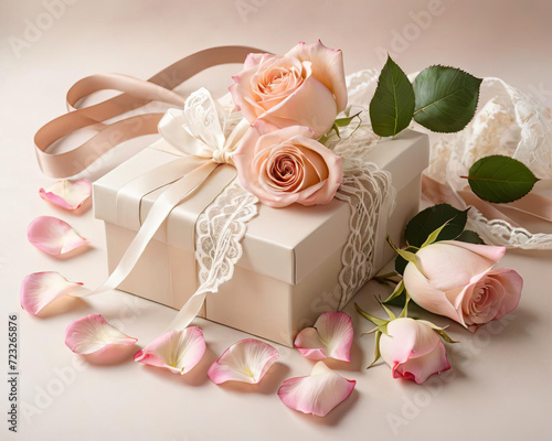 Romantic Valentine's Day Gift with Rose Petals, Lace Ribbons, and Aromatic Flowers in Luminous Natural Light Gen AI