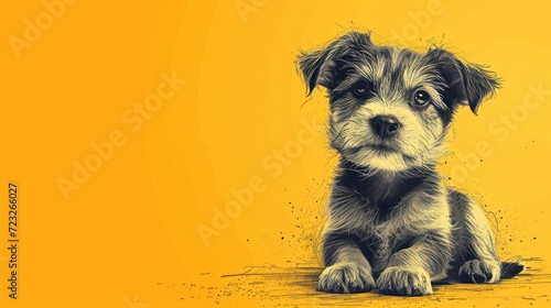  a black and white dog sitting on top of a yellow floor next to a black and white picture of a puppy on a yellow background with a black and white border.