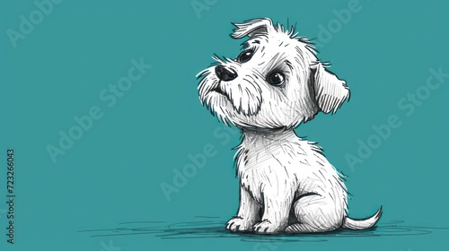  a drawing of a small white dog sitting on the ground with its head turned to the side, looking up at the sky, with its eyes wide open mouth wide open.