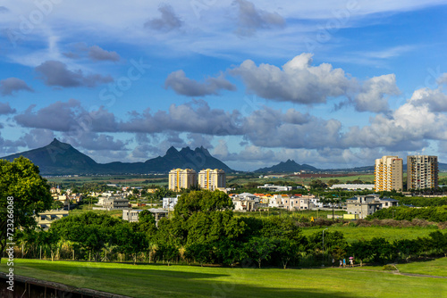 Moka mountain range and its summit Pieter Both viewed from a green park of a residential area of the town of Quatre Bornes, Mauritius