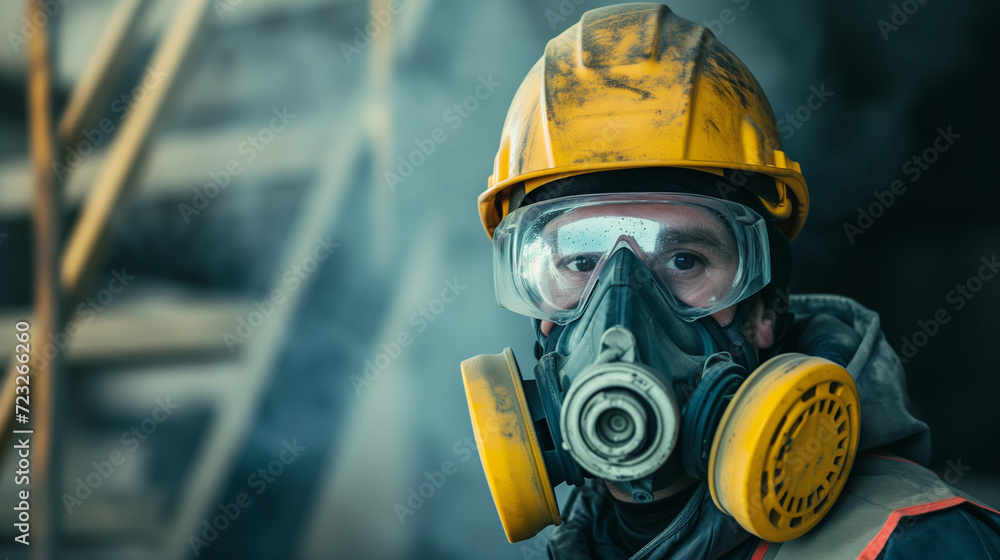 Industrial Safety in Harsh Conditions - Worker with Protective Gear and Respirator Mask in Dusty Environment