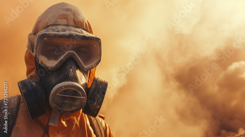 Industrial Safety in Harsh Conditions - Worker with Protective Gear and Respirator Mask in Dusty Environment photo