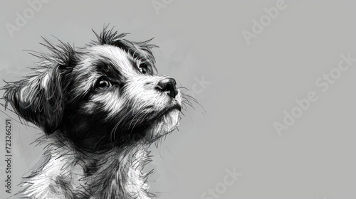  a black and white drawing of a dog with its head turned to the side, looking up at something in the distance, with a gray background of the image. photo