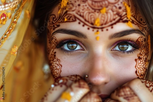 Indian young woman with green eyes and mehendi on her face