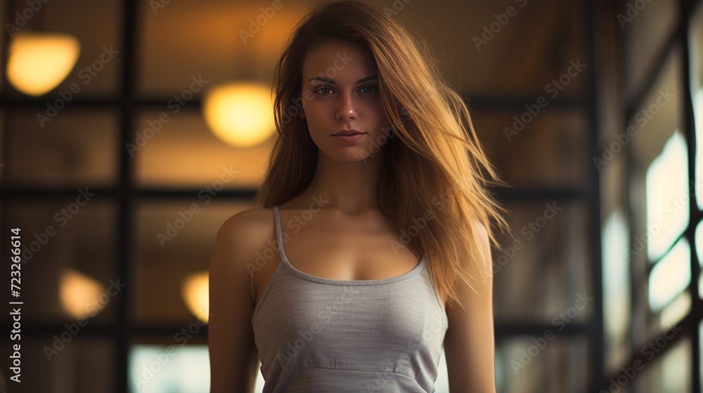 Young lady in singlet, mini skirt keeping hand on waist and looking gorgeous , front view.