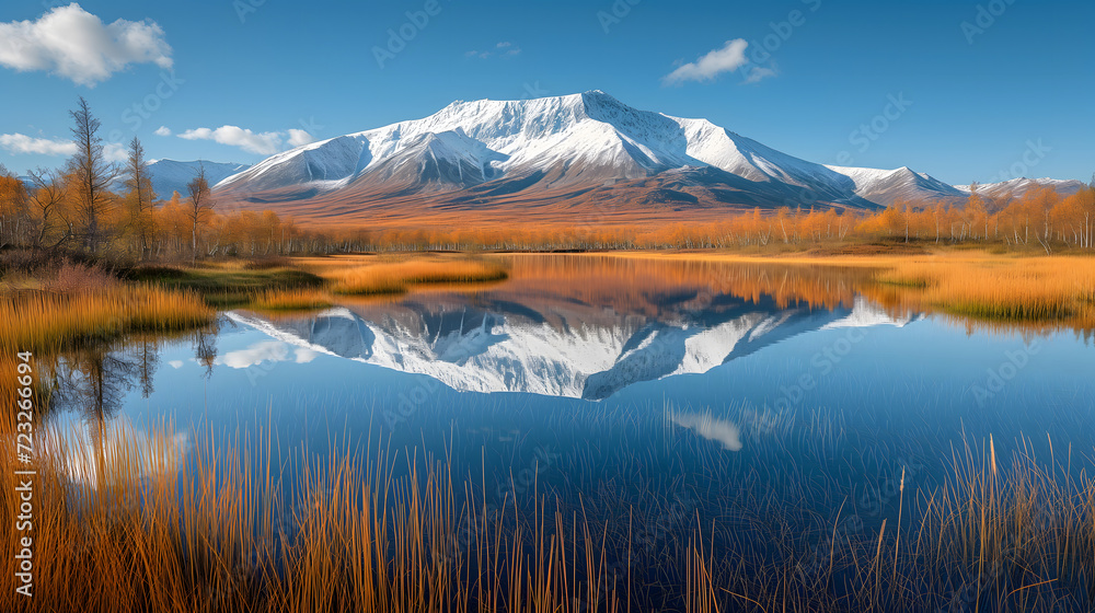 Autumn foliage and mountain reflection on a clear day