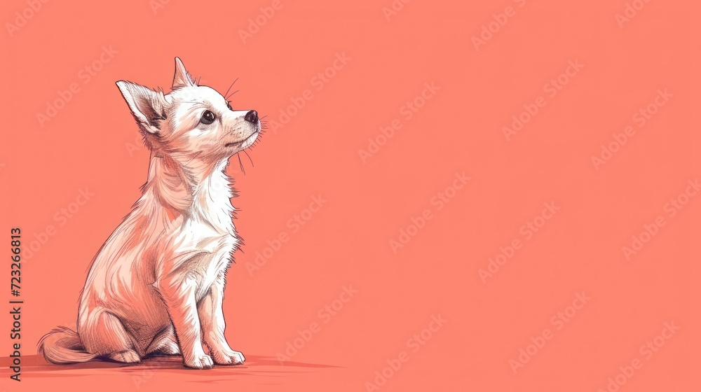  a small white dog sitting on top of a red floor next to a pink wall with a black outline of a small white dog sitting on top of a red floor.