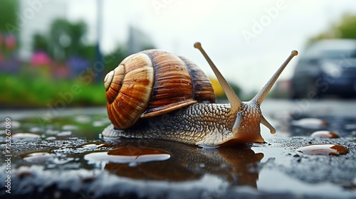 live snail stretches upward from a smooth wet surface against a green blurred background