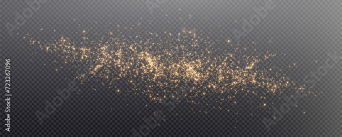 Christmas glowing bokeh confetti light and glitter texture overlay for your design. Festive sparkling gold dust png. Holiday powder dust for cards, invitations, banners, advertising.