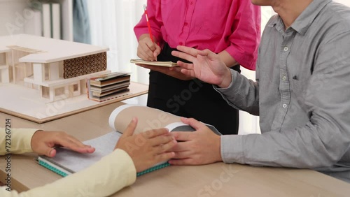 Slow motion closeup hand client refuse or disapprove textile curtain material presented by architectural home interior design for home renovation or decorate project. Variegated