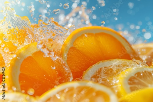 A splash of water on freshly sliced orange slices on a blue background, a splash of freshness