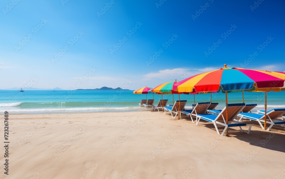 beautiful beach with bright umbrellas and sun loungers