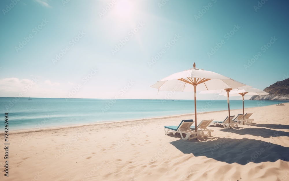 beautiful beach with bright umbrellas and sun loungers