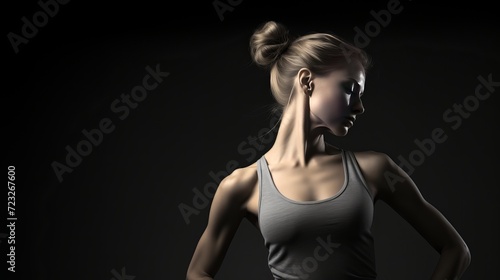 Young woman in eka pada rajakapotasana pose, grey studio background