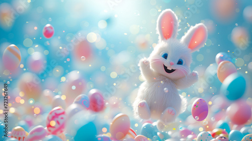 Cute easter bunny jumping in the air surrounded by eggs. Adorable Easter Egg day on a blue background