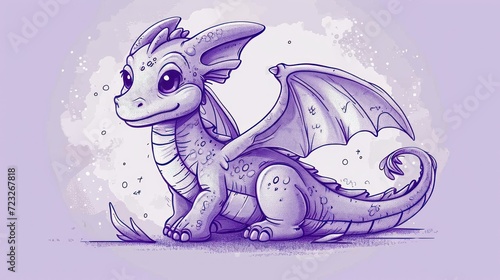 a drawing of a dragon sitting on the ground with its wings spread out and eyes wide open, in front of a purple background with a splot of bubbles.