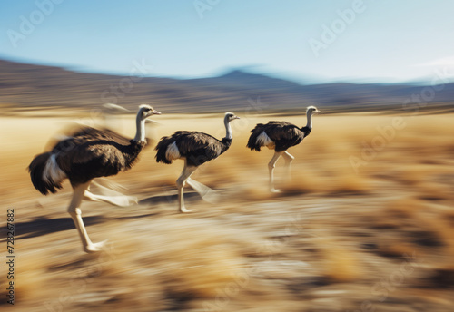 AI Generated Image. Ostriches running in the wild photo