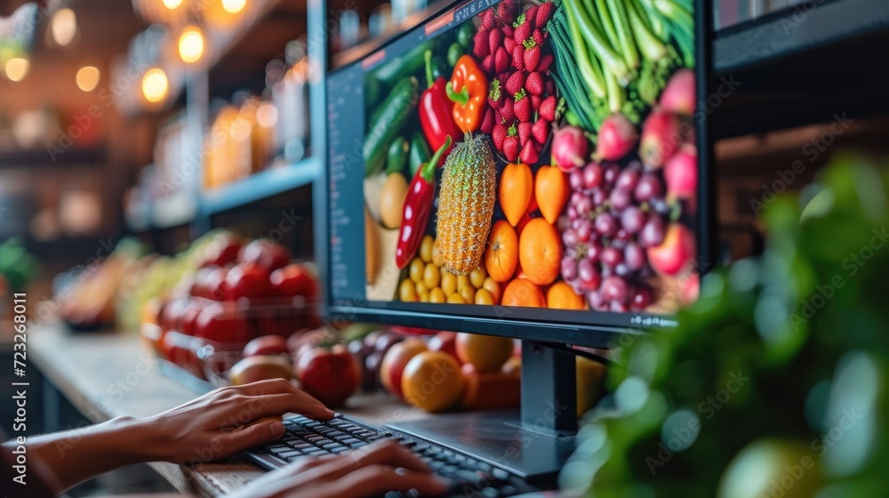 A close-up of a computer screen displaying a vibrant and enticing local farm online store