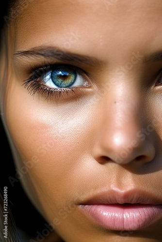 Close-up portrait of beautiful strong woman with dark brown hair and amazing eyes