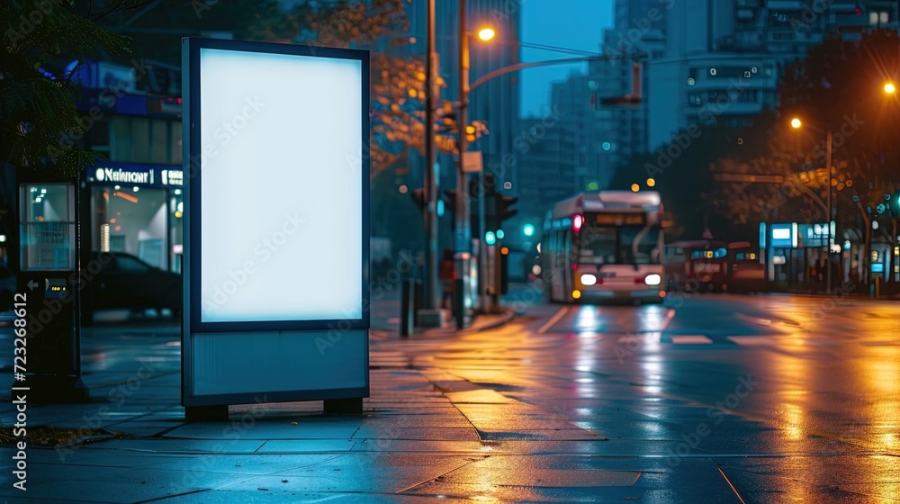Blank sign located in the city streets. Lifestyle marketing image template Blank sign located in the city streets. Lifestyle marketing image template