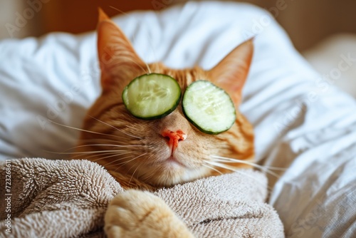 Cat relaxes with cucumber face mask in spa