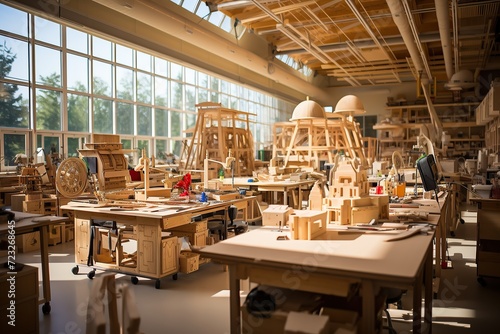 Bright architectural model studio with natural light and various wooden structures