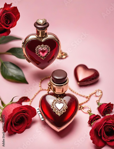 Romantic Valentine's Day Gift - Sensual Massage Oil Set and Heart-Shaped Locket Gen AI photo