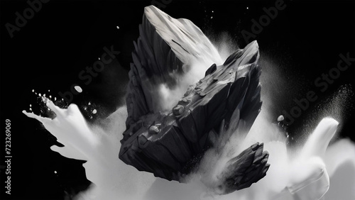 Earth stone boulder texture rock abstract broken powder white dirt blast float burst fantasy surface. Rock stone white background fall black falling space isolated splash mountain flying. Generated Ai photo