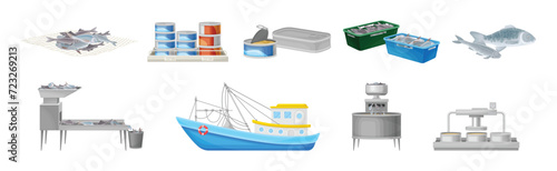 Fishery and Seafood Production Process and Industry Vector Set