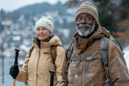 An elderly man and a woman tourists hiking with sticks in nature