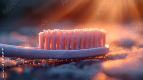 toothbrush close up with shining particles. Generative AI