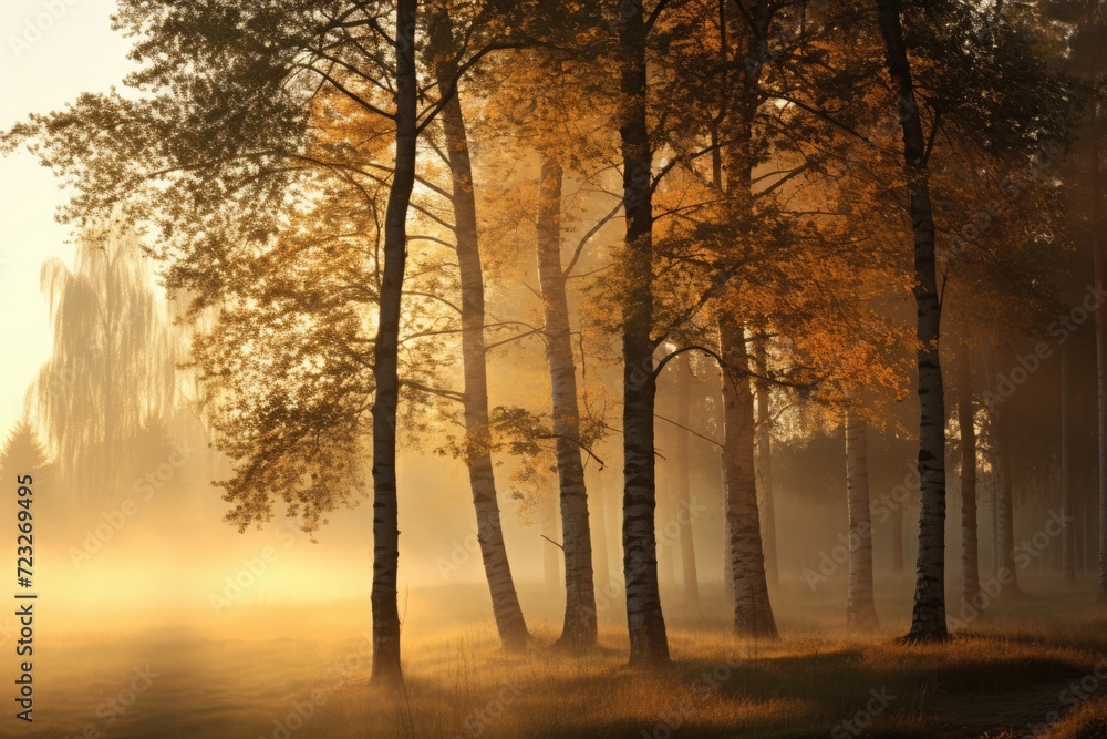 Morning Light on Deciduous Trees in Rural Sweden - A Peaceful Nature Scene with Sunlight and Mist