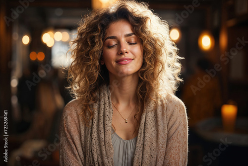 AI image of a woman with a serene expression, closed eyes, and voluminous curly hair, bathed in soft lighting with a bokeh background in a cozy setting photo