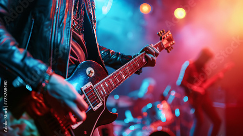 A rock band performing live on stage with a focus on the lead guitarists energetic solo.