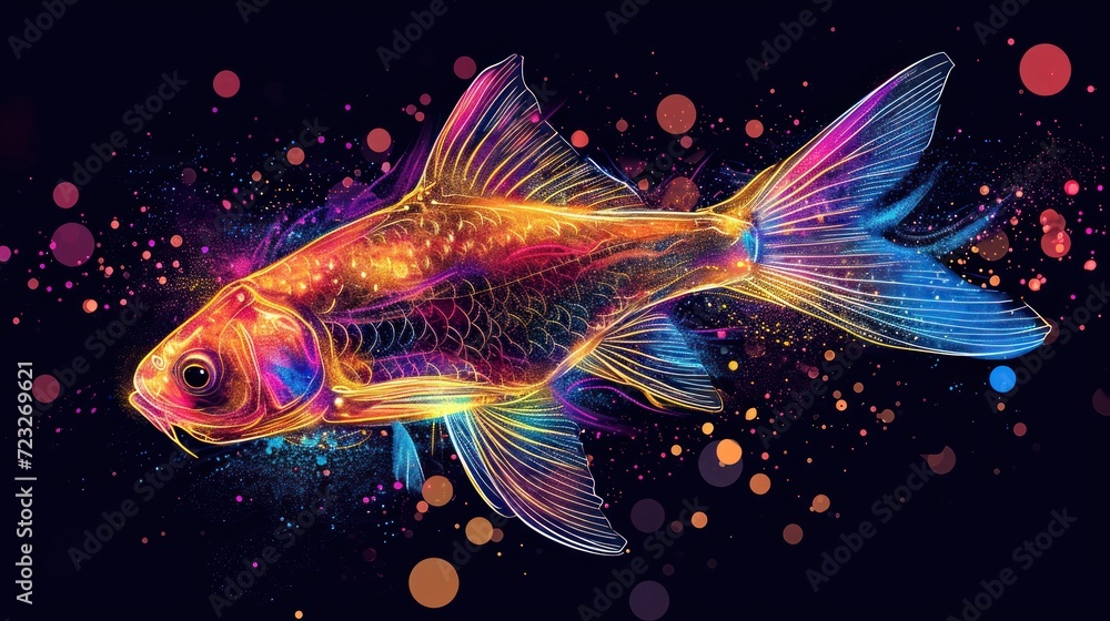 a drawing of a goldfish on a black background with multicolored circles of light coming out of the fish's body and the fish's head. a drawing of a goldfish on a black background with multicolored circles of light coming out of the fish's body and the fish's head.