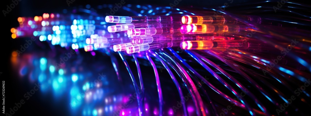 Colorful and glowing optical fiber cables. High speed internet connection, data transfer and big data visualization. Digital futuristic technology concept. Generative AI