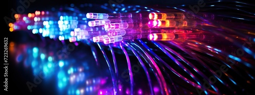Colorful and glowing optical fiber cables. High speed internet connection, data transfer and big data visualization. Digital futuristic technology concept. Generative AI