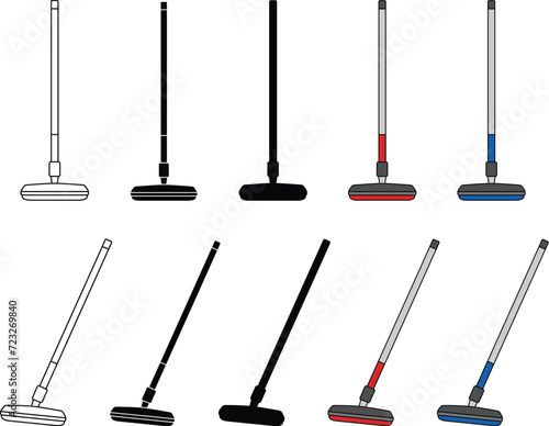 Curling Broom Clipart Set - Outline, Silhouette & Color