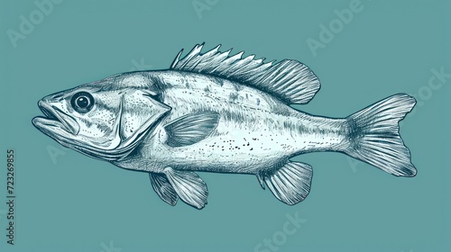  a black and white drawing of a fish on a blue background with a black and white line drawing of a black and white fish on a teal blue background.