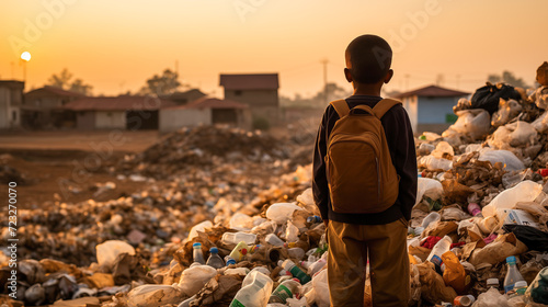 Child facing a vast pile of waste at sunset. Generative AI image photo