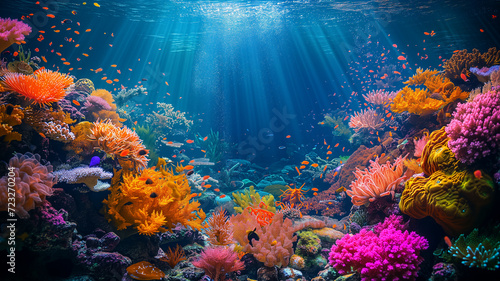 Natural coral reef vivid background, underwater view with fish © Anna