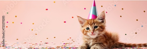 Happy kitty cat wearing birthday hat with colorful confetti on pink background and plenty of copy space © Brian