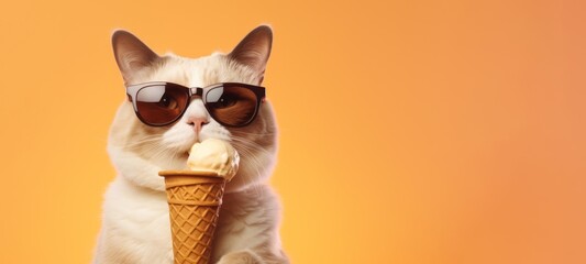 Funny animal pet summer holiday vacation photography banner - Closeup of cat with sunglasses, eating ice cream in cone, isolated on apricote background